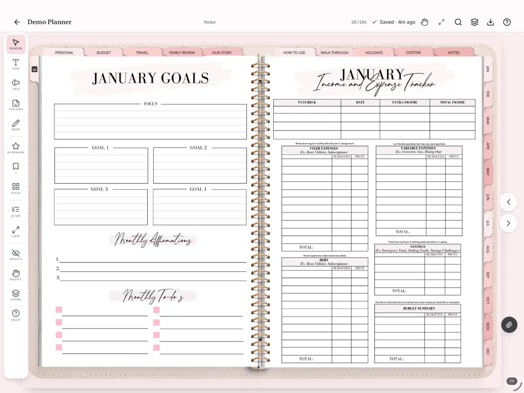 January goals and income and expense tracker spread on iPad