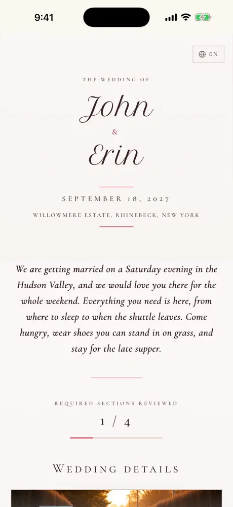 Simplyweds guest home page for a wedding in the Hudson Valley