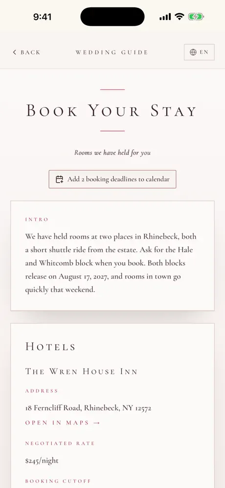 Simplyweds Book Your Stay page with hotel blocks and booking cutoffs