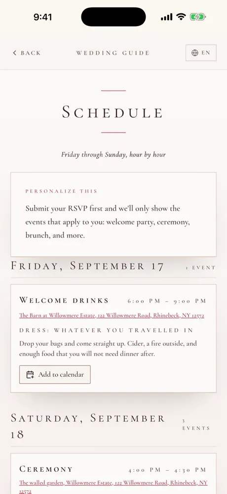 Simplyweds weekend schedule filtered to each guest's invitation