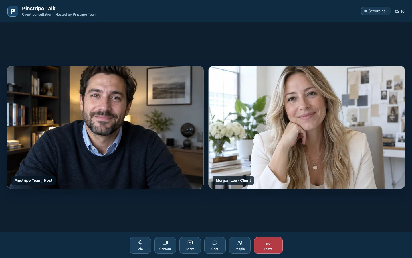 Illustrative desktop Pinstripe Talk call with two participants and call controls